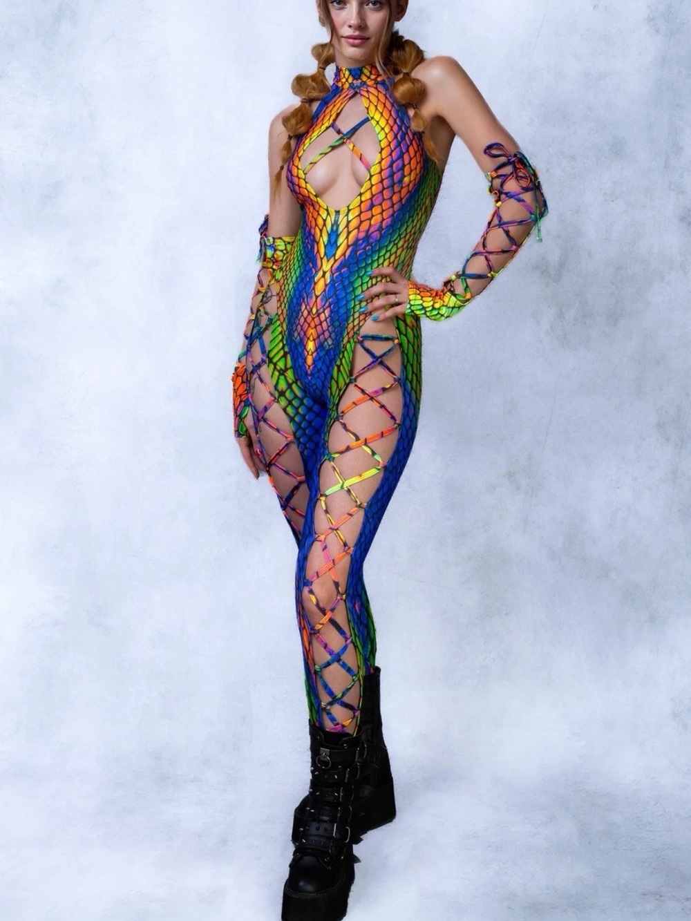Rainbow Fishnet Lace-Up Cutout Jumpsuit